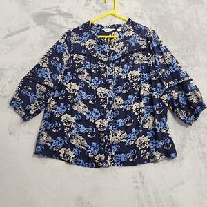Caffe Marrakech Top Womens M Blue Floral Ruffled Button Front 3/4 Sleeve Boho
